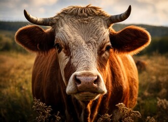 Golden Hour Portrait of a Horned Brown Cow in a Peaceful Meadow Landscape