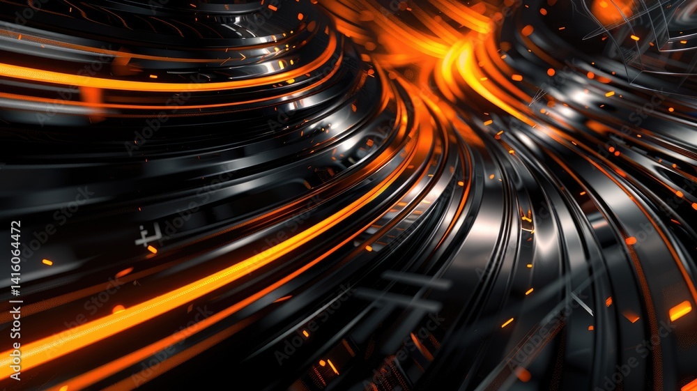 Poster abstract digital tunnel with glowing orange and black lines. digital artwork of vibrant glowing oran