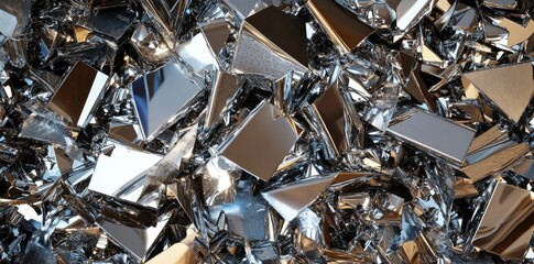 A close-up view of shiny. fragmented metallic shards scattered across a surface. reflecting light and creating an abstract pattern. suitable for backgrounds or textures in design