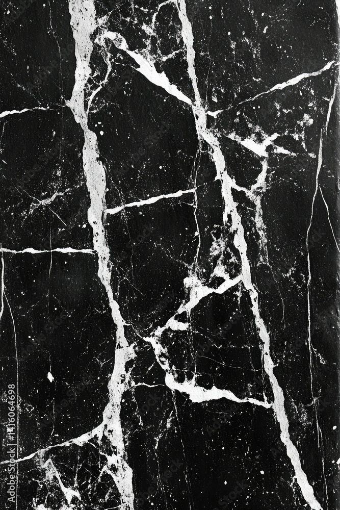 Poster close-up view of a black marble surface showcasing intricate white veining patterns. ideal for inter