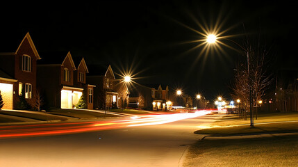 Nighttime street view showcasing illuminated homes with light trails from passing cars