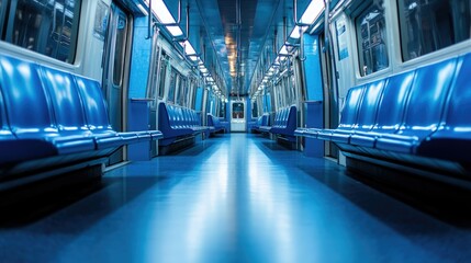 A serene view of an empty subway train interior. showcasing blue seating and illuminated lights. with a hint of urban life visible through the fogged windows