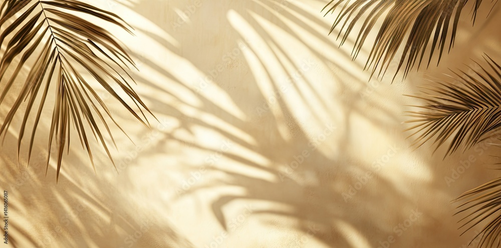 Poster lush green palm leaves casting intricate shadows on a warm. textured wall. creating a serene and inv