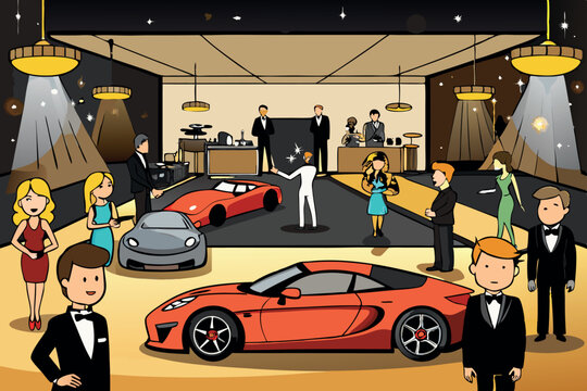 An exclusive gala celebration in a cartoon setting, where fashion, luxury cars, and elite guests come together in an upscale evening affair