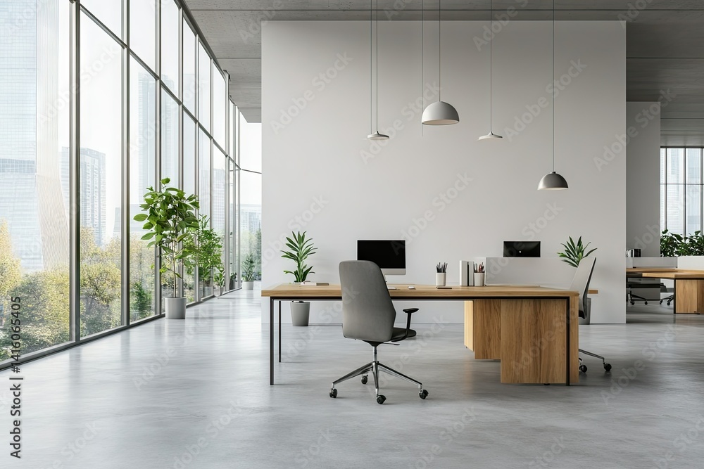 Poster modern office interior featuring spacious layout with large windows. minimalistic design. potted pla