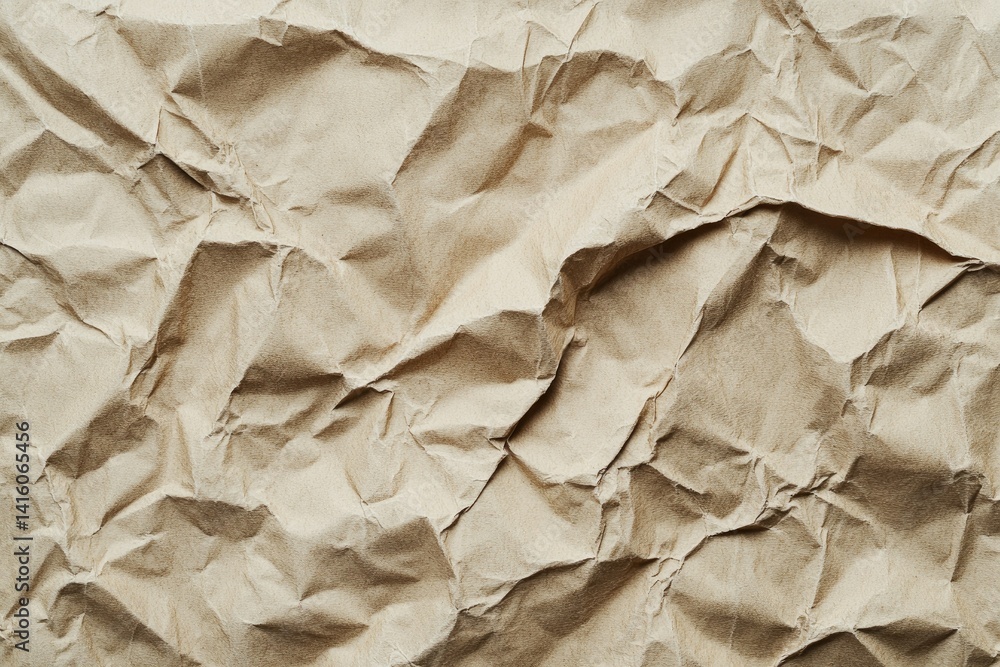 Poster a close-up view of crumpled brown paper showcasing intricate textures and folds. ideal for backgroun