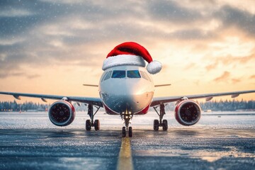 A festive airplane adorned with a bright red Christmas hat sits on a wet runway at night. illuminated by airport lights. creating a cheerful holiday atmosphere