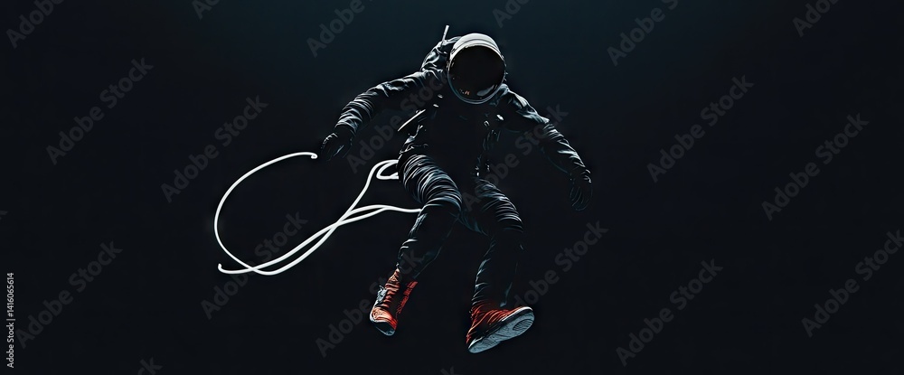 Poster an astronaut floats gracefully in the vastness of space. tethered by a thin line. with the infinite 