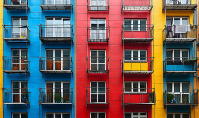 Obraz premium Colorful apartment building facade with vibrant blue, red, and yellow walls and balconies