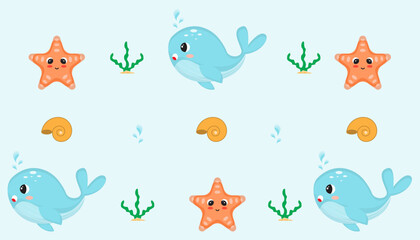 cute background of sea animals, whales, sea stars, shells and seaweed