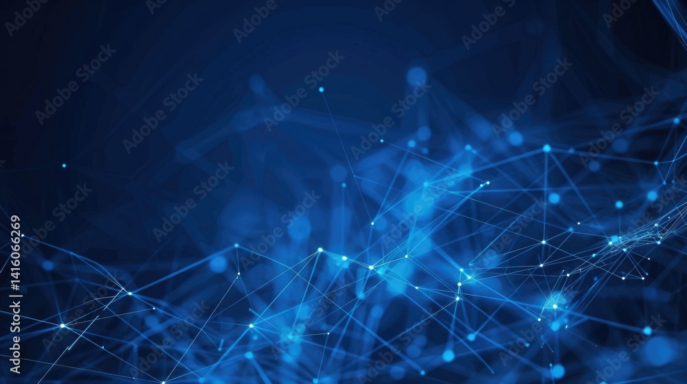 Poster Abstract blue digital network background with lines and nodes. Background image of glowing digital wave waving and flowing at blue background. Network. Technology and data visualization design. AIG55.
