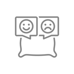 Pillow with happy and sad faces in speech bubble line icon. Comfortable fluffy pillow symbol. Vector illustration.
