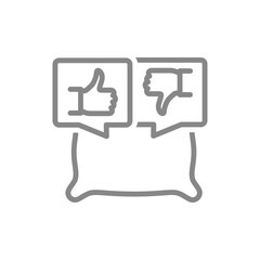 Pillow with like and dislike in speech bubbles line icon. Thumb up and thumb down symbol. Vector illustration.