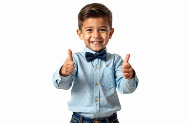 Smiling little boy showing thumbs up wearing shirt and bow tie. Happy child gives approval, gesture of success. Festive mood for birthday card or party celebration.