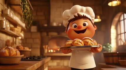 Happy cartoon chef holding bread