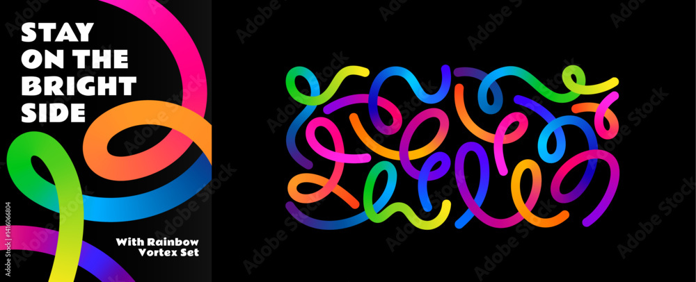 Poster Color Abstract Lines. 3D Shapes with Gradient on Black Background. Color Vector Graphic Design. Wave and Spiral Rainbow Pattern.