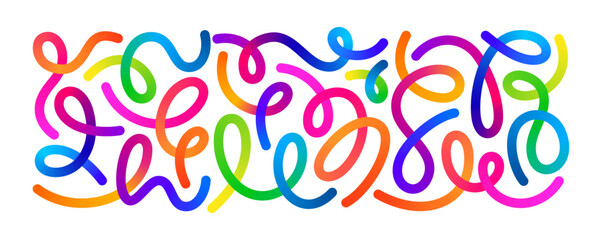 Color Line Shapes with Gradient. Abstract Wavy Pattern on White Background. 3D Rainbow Color Waves Graphic. Dynamic Squiggles, Swirls and Spiral Ribbons