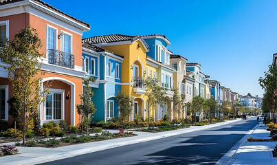 Colorful residential buildings lining a sunny street with clear blue skies and greenery