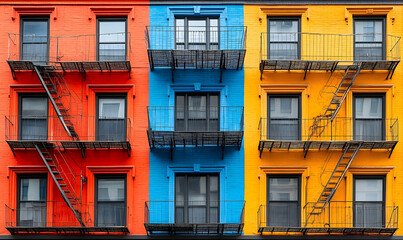 Colorful urban apartment building facade with vibrant orange, blue, and yellow walls and fire escapes