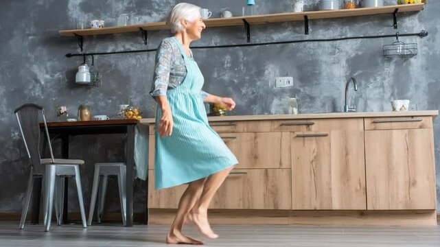 Senior Woman Dances Joyfully in Kitchen While Barefoot to Oldies Generative AI