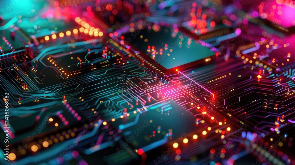 Poster explore an abstract graphic design featuring embedded computing technology, showcasing colorful circ