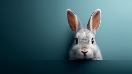 Obraz premium Gray bunny peeking with tall ears on blue background 