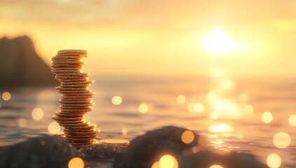 Golden coins stacked high at sunset on rocks near water