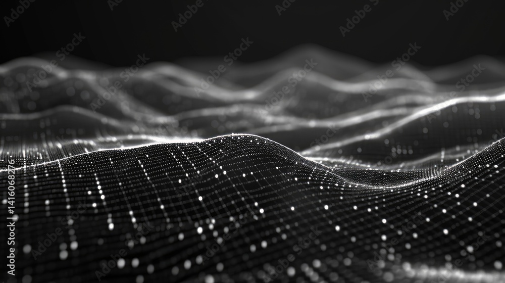 Poster this image features a futuristic grid design with white elements on a pitch black background, creati