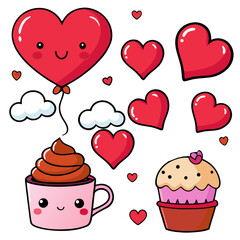 Cute valentine's day hearts balloons cupcake and coffee kawaii illustration