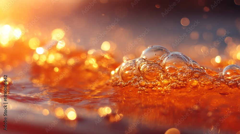 Aufkleber bubbles forming on liquid surface with golden light and bokeh effect