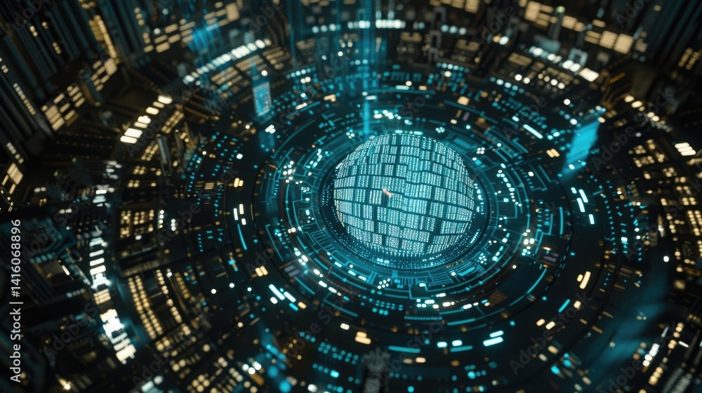 Poster a high-tech close-up view of a digital sphere surrounded by intricate patterns and glowing lights. t
