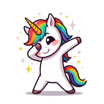 Cute cartoon unicorn dabbing vector illustration rainbow mane and tail design