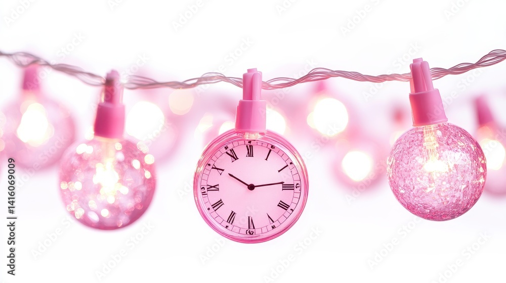 Aufkleber pink string lights with clock design on white background