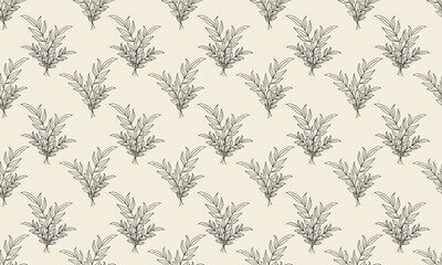 Hand-drawn seamless pattern with leaves in monochrome ink. Designed for wrapping paper, packaging, fabric, and textiles. Vector illustration.