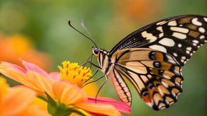 Fototapeta premium Lime butterfly with black and yellow wings feeding on an orange and yellow flower. Represents nature, insects, and pollination