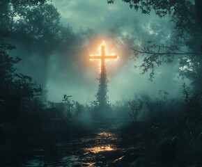 Naklejka premium a glowing cross in a mystical forest, serene atmosphere, ethereal light, detailed, 4k.
