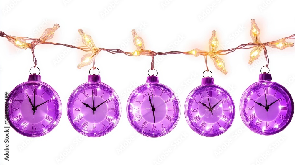 Poster purple clock shaped string lights on white background