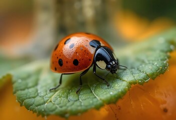 Fototapeta premium Ladybug on Green Leaf: A Close-Up Macro Photograph