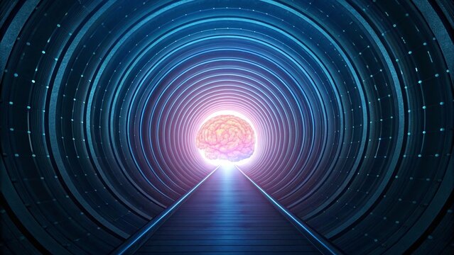 Illuminated human brain at the end of a futuristic tunnel with glowing blue lights. Represents future technology, neuroscience, and the power of the mind