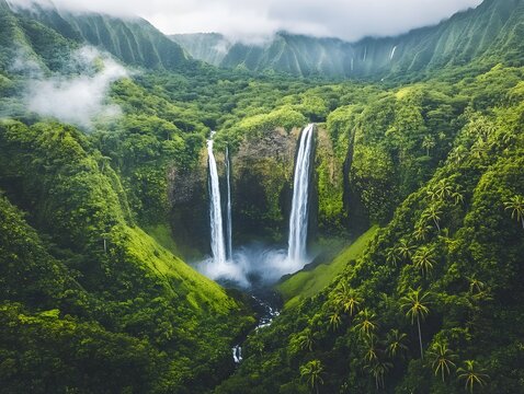 majestic cascading waterfall winding through lush green mountains mist rising from turbulent waters dense tropical foliage framing the scene , mirroring soft innovation