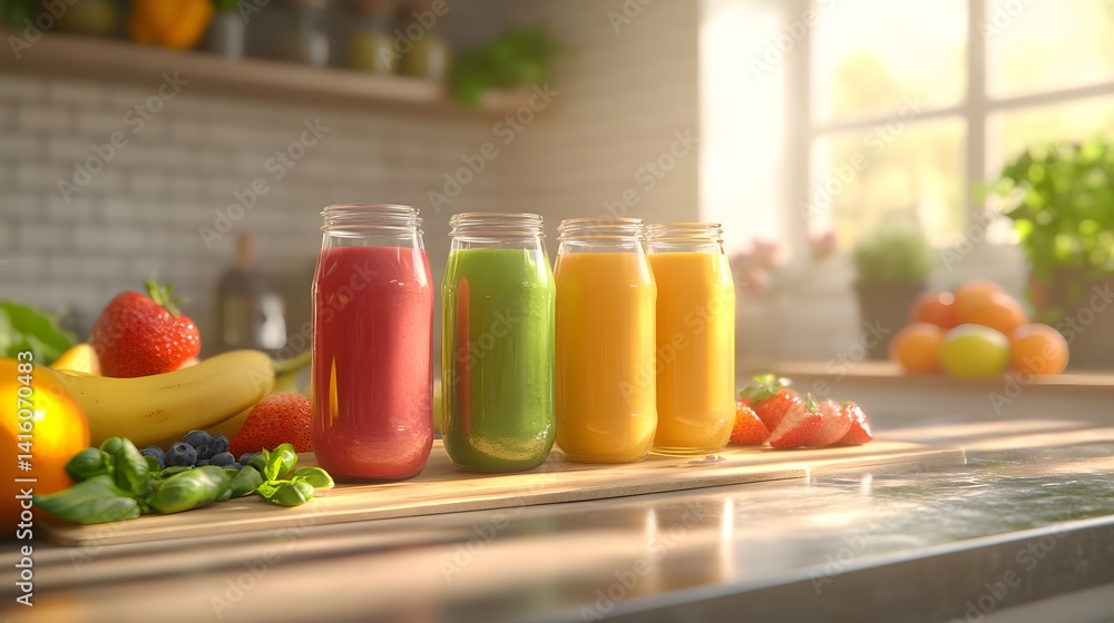 Poster a colorful assortment of smooth and freshly squeezed juices in glass jars and bottles ready for cons
