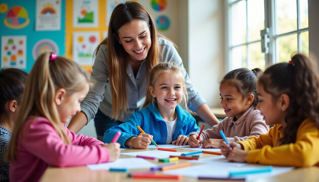 A teacher interacts positively with a group of elementary students enjoying creative activities in a classroom. The environment is lively, nurturing, and educational, with children expressing creative