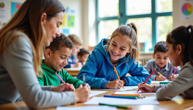 A teacher interacts positively with a group of elementary students enjoying creative activities in a classroom. The environment is lively, nurturing, and educational, with children expressing creative