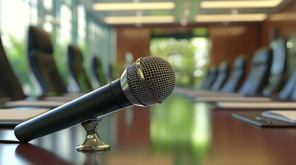 A microphone is on a table in front of a large group of people