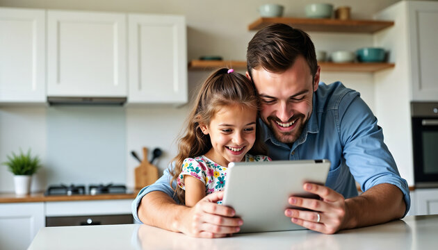 A father and his young daughter happily using a digital tablet together in a cozy kitchen, emphasizing family technology interaction and creating loving childhood memories in a bright, modern setting