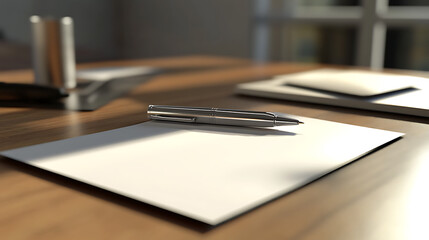 A pen is sitting on a sheet of white paper on a desk