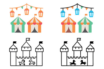 Fototapeta premium Festive Castle Courtyard Scene with Decorations, Line Art, Perfect for Fantasy and Royalty Themes