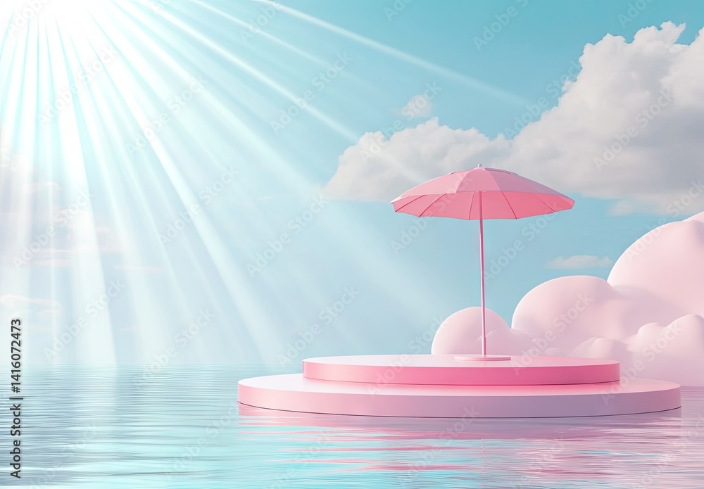 Poster a serene pink platform with an umbrella floats on calm waters. surrounded by fluffy pink clouds and 