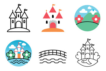 Obraz premium Line Art of a magnificent fairy tale castle perched on a hill, with flags flying, surrounded by scenic landscapes and greenery