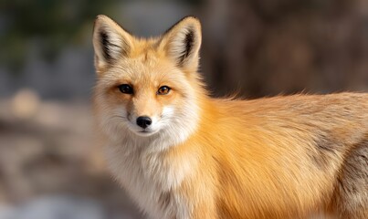 Fototapeta premium A red fox with orange fur, looking sideways at the camera, stands in front of an outdoor background, Generative AI